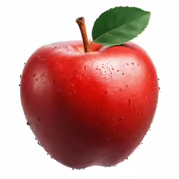 a red apple with green leaves and drops