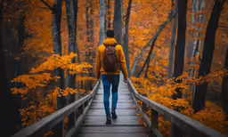 a man with a backpack walks across a walkway in the woods