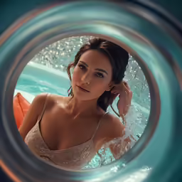 a woman sitting in an outdoor jacuzzi with the water running through her