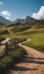 a pathway leading to a wooden gate in a grassy area