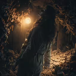 the girl stands in the woods near a light
