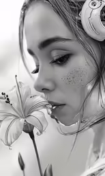 a woman holding onto a flower with a flower in her mouth