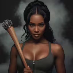 a beautiful woman holding an extremely large baseball bat