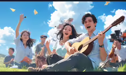 people are in the grass playing guitar