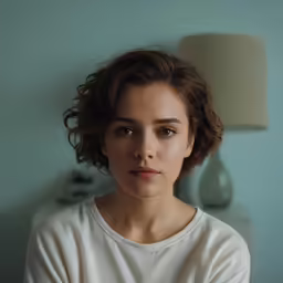 a woman in a white top looking into the camera