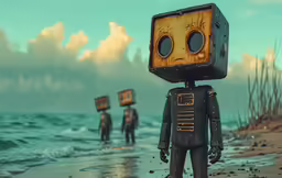 two people are standing near the ocean with a robot on its head