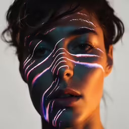 woman in artistic light painting face with blue eyes