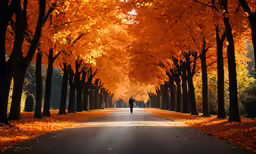 a man is walking down a tree lined street