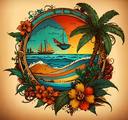 a beach scene with tropical plants and flowers,a drawing of a sailboat on a beach with palm trees