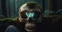 a skull with glowing eyes in a dark, dark forest
