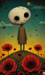 a man with an oversized head stands in a field full of red flowers