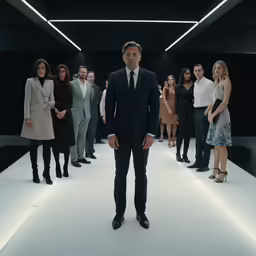 a man wearing a suit standing in front of a line of people
