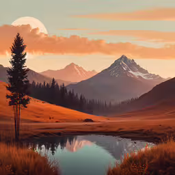 the setting sun lights up the mountainous landscape,a tree with a mountain and lake in the background