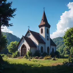 the church sits alone in a field of green grass