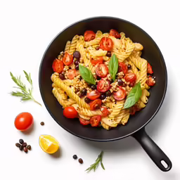 a pan of pasta with tomatoes, beans and herbs