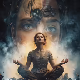 a woman is meditating in the middle of smoke and fire