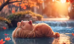 a young blonde woman floating in water with red petals