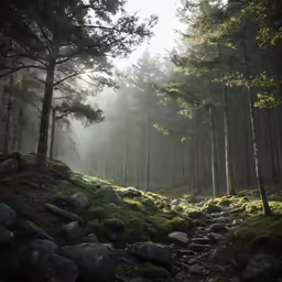 a mossy path surrounded by pine trees