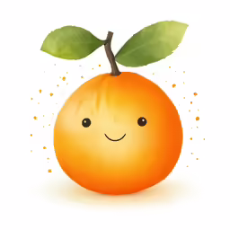 an orange with a green leaf sticking out