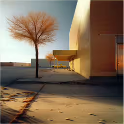 an orange and yellow building with a tree next to it,the view from the sidewalk of a tree and empty street