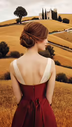 woman in dress standing on hill looking off into the distance
