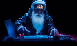 a dj wearing headphones and lights shining on his face in the dark