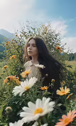 a girl is standing among the flowers and bushes