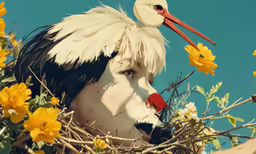 a bird is holding a nest with a large beak