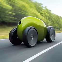 a green car driving down a road past forest