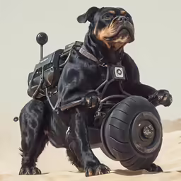 a dog with a seat on the back in a desert