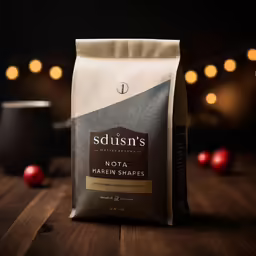 a bag of coffee sitting on top of a wooden table