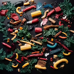 a messy black surface with some toy figures on it