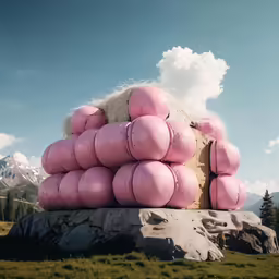 a large pile of balloons sits atop a rock