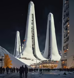 a very unique building in a city with a lot of people walking around