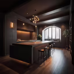 this is a very dark and spacious kitchen