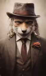 a fox wearing a hat and suit with a tie