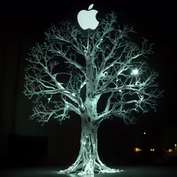 an illuminated apple tree at night with glowing leaves