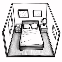 black and white bed room with pillows in it