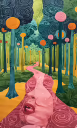 a painting of a woman lying down in the middle of trees