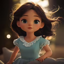 a cute doll dressed in a blue dress with white lace