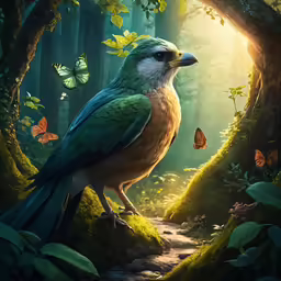 colorful bird in green foliage, surrounded by butterflies