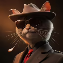 a cat wearing sunglasses, a hat and tie