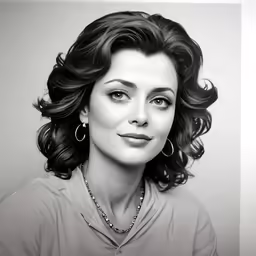 a woman with curly hair wearing a pearl necklace