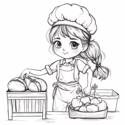 a coloring book that features a young girl working with her kitchen equipment