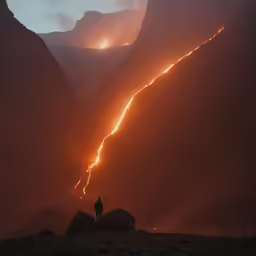 a man with an umbrella stands on a mountain trail