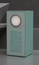 a blue electronic device with a white light on top