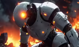 a man in white suit standing next to a fire