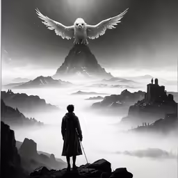 a person standing on top of a hill looking at an eagle