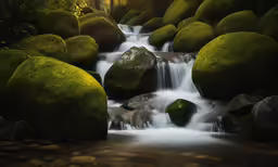 this is a waterfall surrounded by moss and rocks
