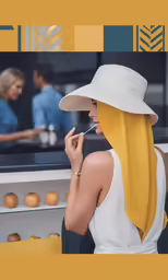 a woman with yellow and white hat using a cell phone